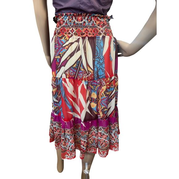 Cache BOHO Tiered Gypsy Festival Colorful Beaded Smock Waist Midi Skirt SZ Large - Picture 3 of 14